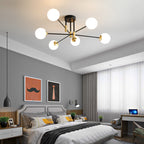 Cream Glass Sphere Semi Flush Mount Modernist 4/6/8 Lights Black Semi Flush Mount Light Fixture with Linear Arm