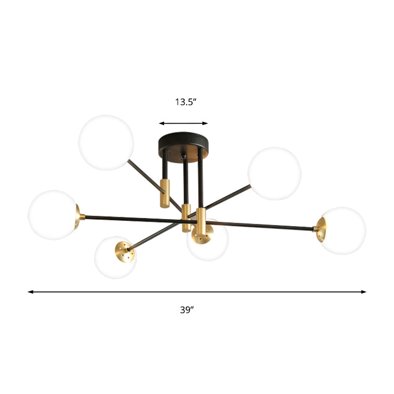 Cream Glass Sphere Semi Flush Mount Modernist 4/6/8 Lights Black Semi Flush Mount Light Fixture with Linear Arm