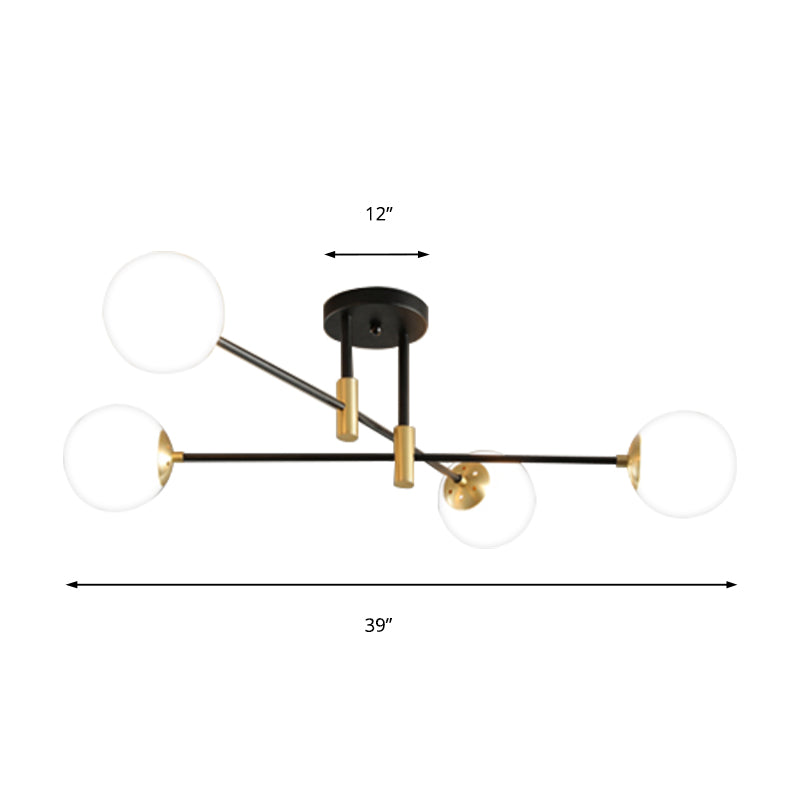 Cream Glass Sphere Semi Flush Mount Modernist 4/6/8 Lights Black Semi Flush Mount Light Fixture with Linear Arm