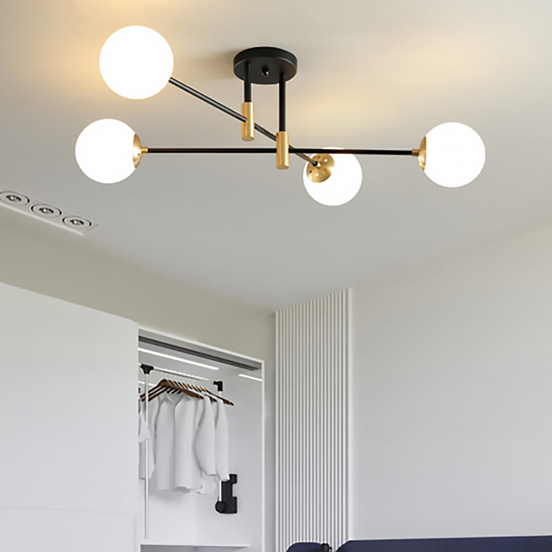 Cream Glass Sphere Semi Flush Mount Modernist 4/6/8 Lights Black Semi Flush Mount Light Fixture with Linear Arm