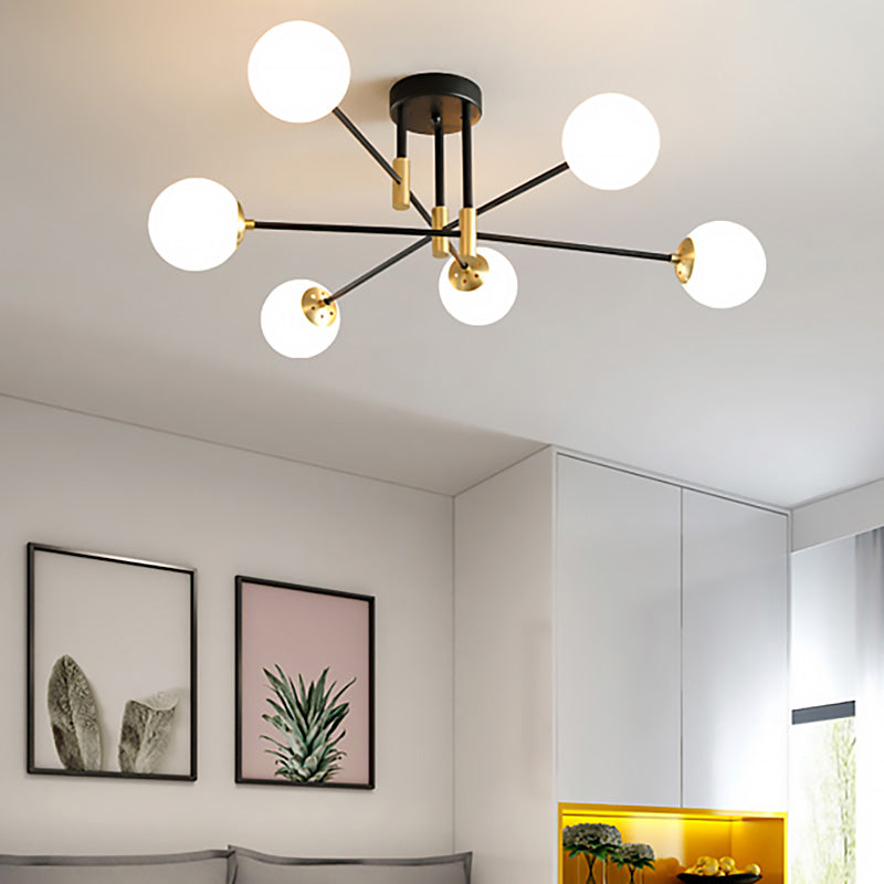 Cream Glass Sphere Semi Flush Mount Modernist 4/6/8 Lights Black Semi Flush Mount Light Fixture with Linear Arm