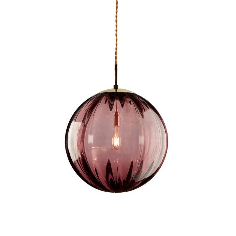 Sphere Pendant Lighting Modern Blue/Purple/Smoky Ribbed Glass 1 Light Led Hanging Ceiling Lamp for Bedroom