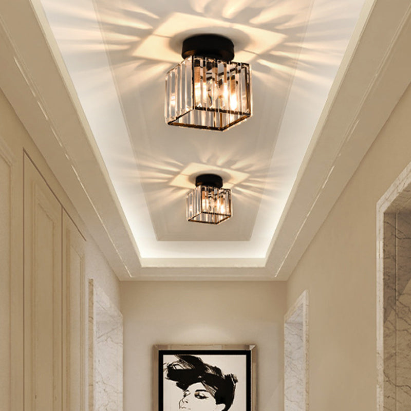 Contemporary Geometric Flush Ceiling Light Tri-Prism Crystal 1-Light Hallway Flush Mount Lighting in Black