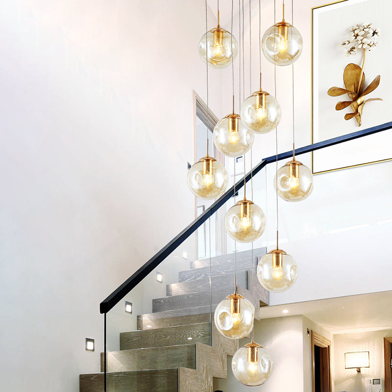 Handblown Glass Ball Multi Light Pendant Modern Cognac Hanging Lighting for Staircase