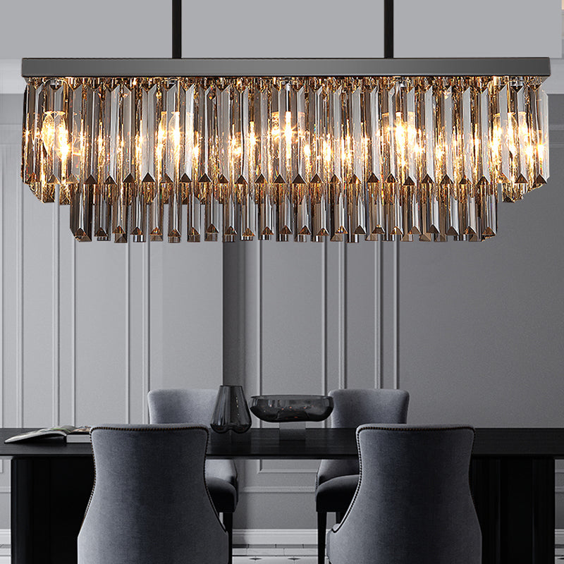 Rectangle Smoke Gray Crystal Block Island Lamp Modern 10 Lights Black Hanging Chandelier, 31.5"/39" Wide