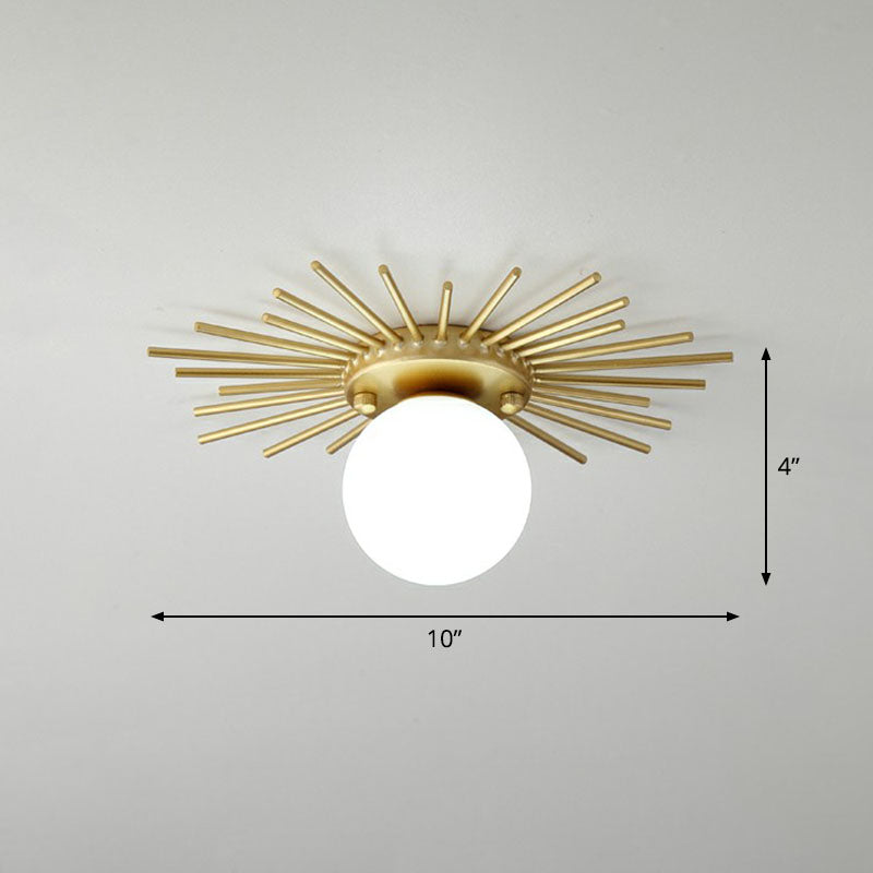 Golden Sunburst Semi-Flush Mount Simple Creative Single Opal Glass Ceiling Lighting for Foyer