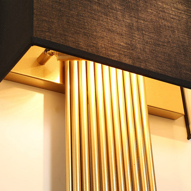 Modern Rectangle Wall Light 2 Heads Fabric Shade Wall Sconce in Black/White/Flaxen for Living Room, 14"/16" Wide