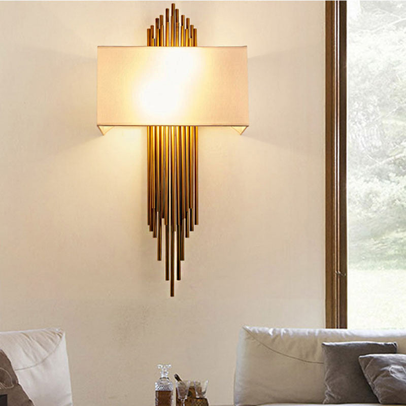 Modern Rectangle Wall Light 2 Heads Fabric Shade Wall Sconce in Black/White/Flaxen for Living Room, 14"/16" Wide