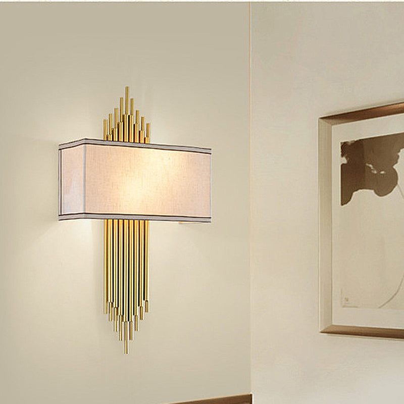 Modern Rectangle Wall Light 2 Heads Fabric Shade Wall Sconce in Black/White/Flaxen for Living Room, 14"/16" Wide
