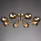 Black and Brass Radial Flush Mount Lighting Postmodern Metal Semi Flush Ceiling Light with Ball Glass Shade