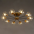 Black and Brass Radial Flush Mount Lighting Postmodern Metal Semi Flush Ceiling Light with Ball Glass Shade
