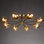Black and Brass Radial Flush Mount Lighting Postmodern Metal Semi Flush Ceiling Light with Ball Glass Shade