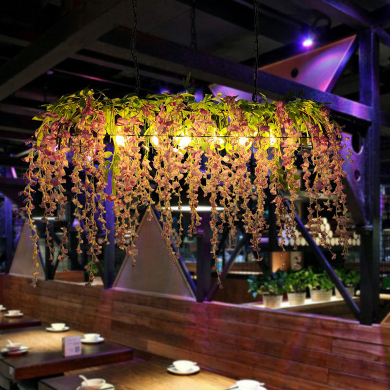 Rectangular Restaurant Pendant Light Fixture Rustic Iron Hanging Island Light with Fake Plant Decoration