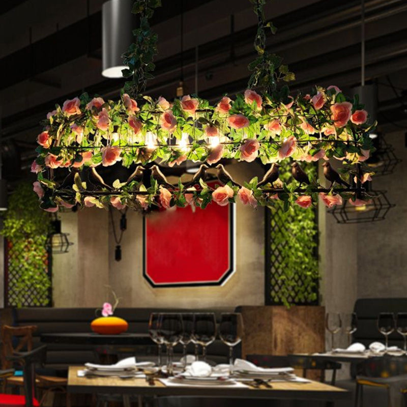 Rectangular Restaurant Pendant Light Fixture Rustic Iron Hanging Island Light with Fake Plant Decoration