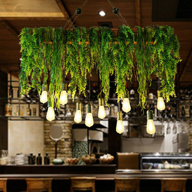 Rectangular Restaurant Pendant Light Fixture Rustic Iron Hanging Island Light with Fake Plant Decoration