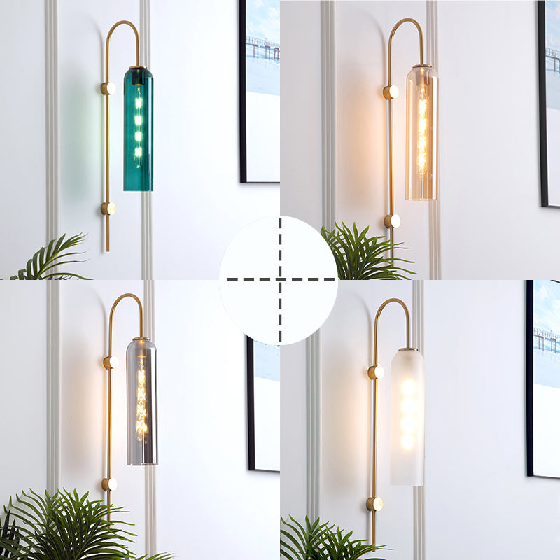 Mid-Century Gooseneck Wall Light Metal 1-Light Living Room Wall Sconce with Flute Glass Shade