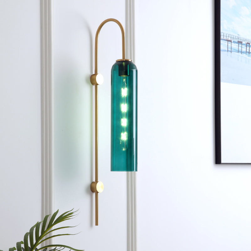 Mid-Century Gooseneck Wall Light Metal 1-Light Living Room Wall Sconce with Flute Glass Shade