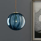 Sphere Pendant Lighting Modern Blue/Purple/Smoky Ribbed Glass 1 Light Led Hanging Ceiling Lamp for Bedroom