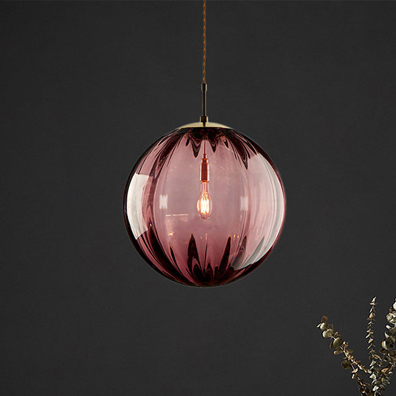 Sphere Pendant Lighting Modern Blue/Purple/Smoky Ribbed Glass 1 Light Led Hanging Ceiling Lamp for Bedroom