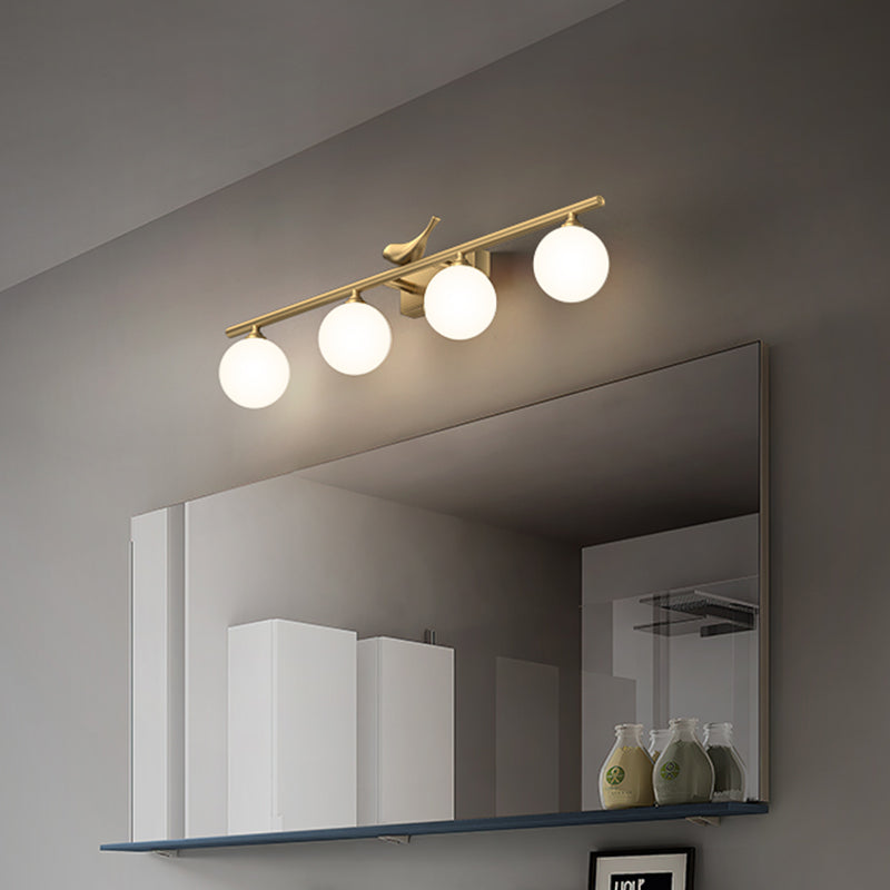 Ball Bathroom Vanity Sconce Opal Glass Postmodern Wall Light with Bird Decor in Brass