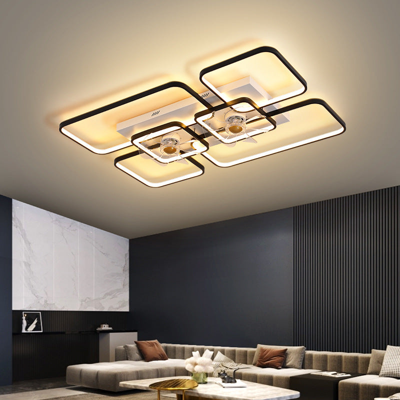 Remote Control Rectangular Ceiling Fan Lamp Contemporary Acrylic Living Room LED Semi Flush Light with 7-Blade
