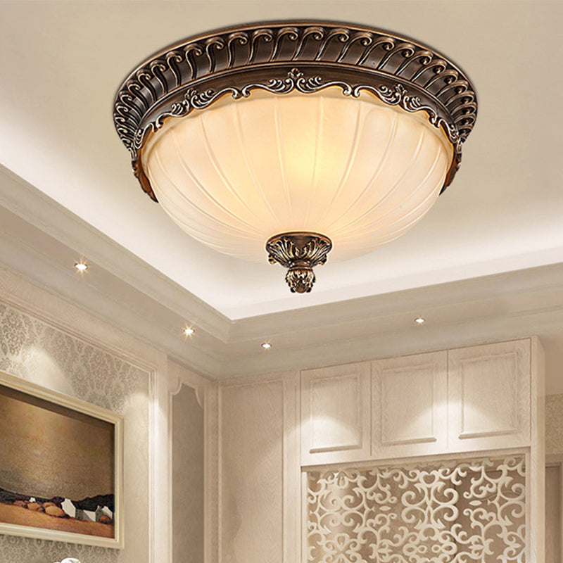 3 Lights Living Room Ceiling Light Fixture Traditional Bronze Flush Mount with Bowl Frosted Glass Shade, 12"/14"/19" Wide