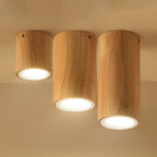 Wood Cylinder Down Light Asian Style Flush Mount Light in Beige for Dining Room