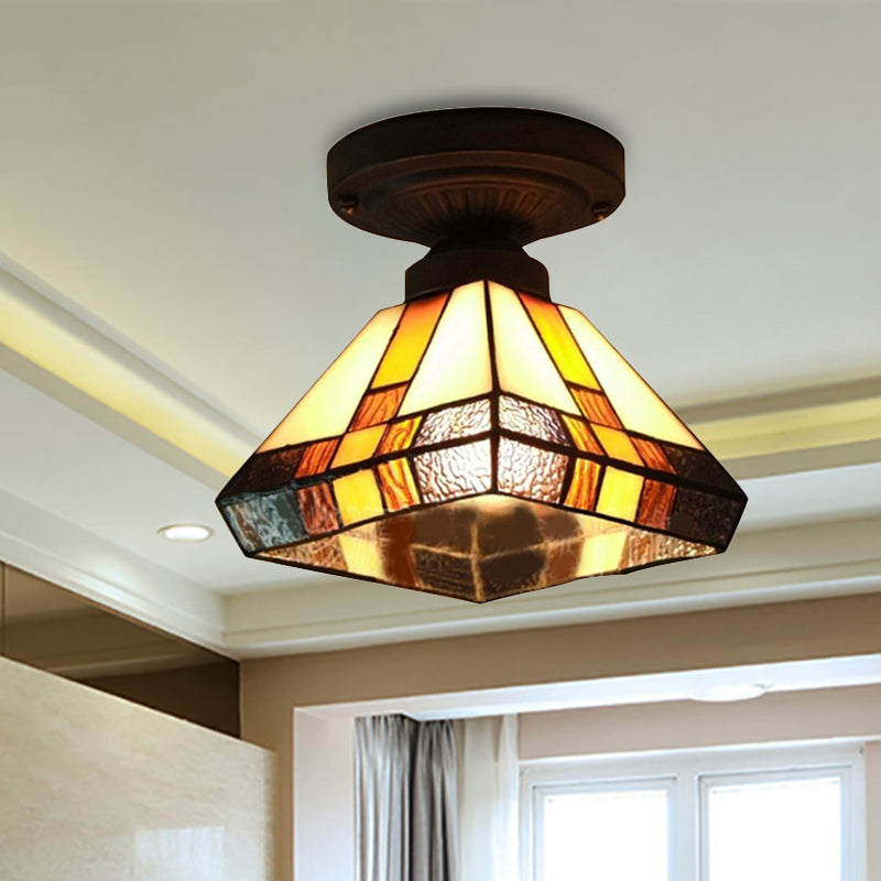 Vintage Tiffany Craftsman Flush Ceiling Light 1 Light Stained Glass Ceiling Lamp in Black/Antique Brass for Corridor