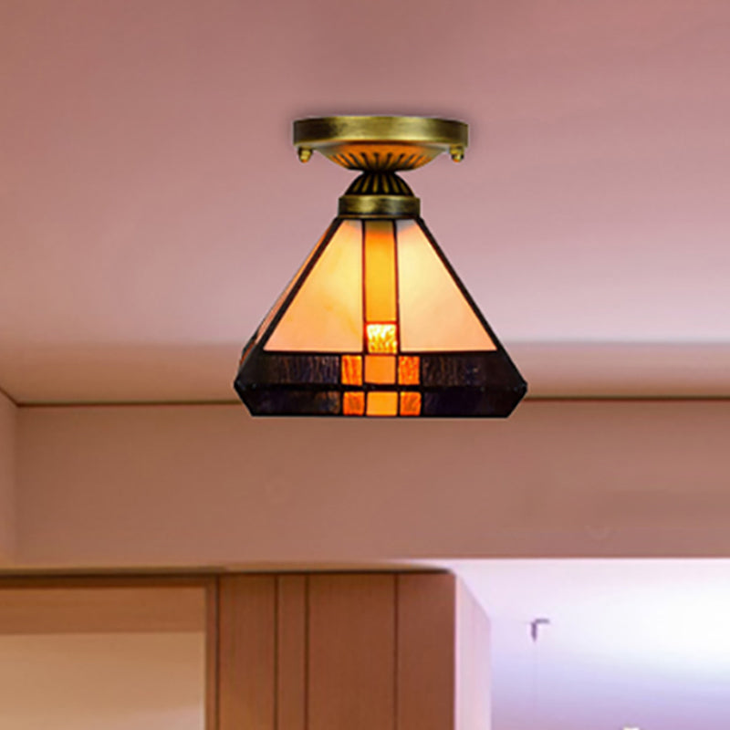 Vintage Tiffany Craftsman Flush Ceiling Light 1 Light Stained Glass Ceiling Lamp in Black/Antique Brass for Corridor