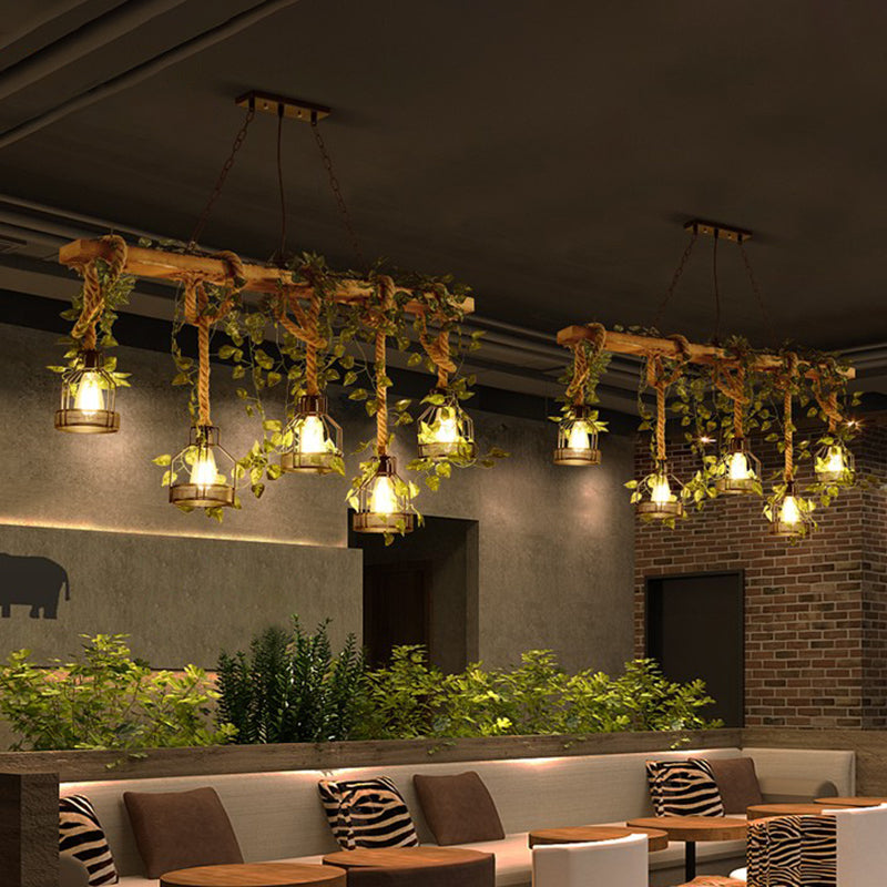 Island Pendant Light Industrial Style Linear Wood Hanging Chandelier Beige with Cage Shade