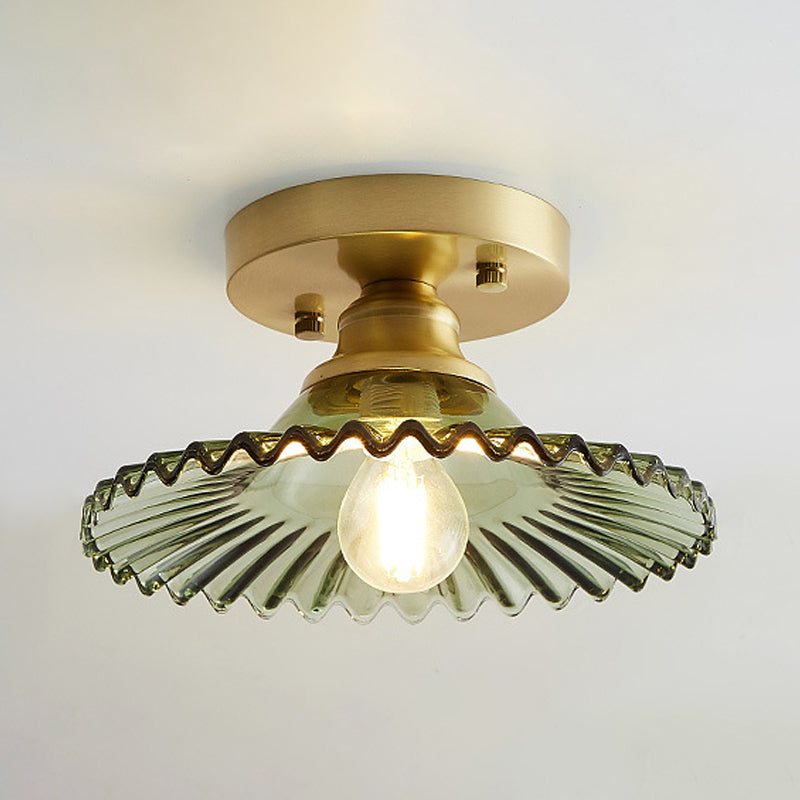 1 Light Flared Semi Flush Light Industrial Clear/Green Ribbed Glass Ceiling Mount for Living Room