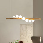 Nordic Linear Wood Island Pendant with Globe Shape Glass Island Light in Beige for Dining Room