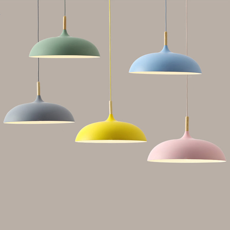 Dome Dining Room Drop Pendant Modern Style Metal 1 Light Hanging Ceiling Light with Wooden Top