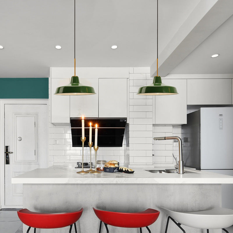 Enamel Green Shaded Suspension Lamp Retro Metal 1-Light Cafe Hanging Light Fixture