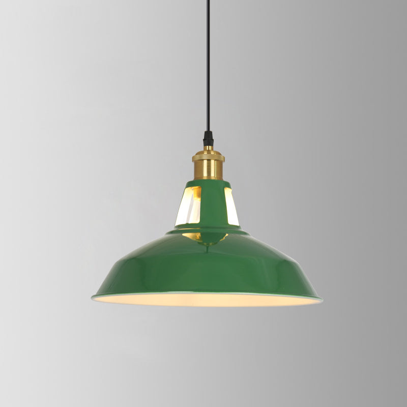 Enamel Green Shaded Suspension Lamp Retro Metal 1-Light Cafe Hanging Light Fixture
