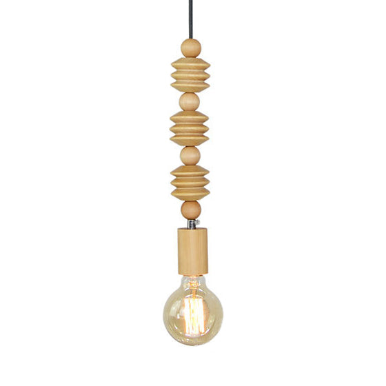 Spherical Bead Wood Hanging Lamp Lodge Style 1 Light Bedside Pendant Lighting with Bare Bulb, 12.5"/14" Height