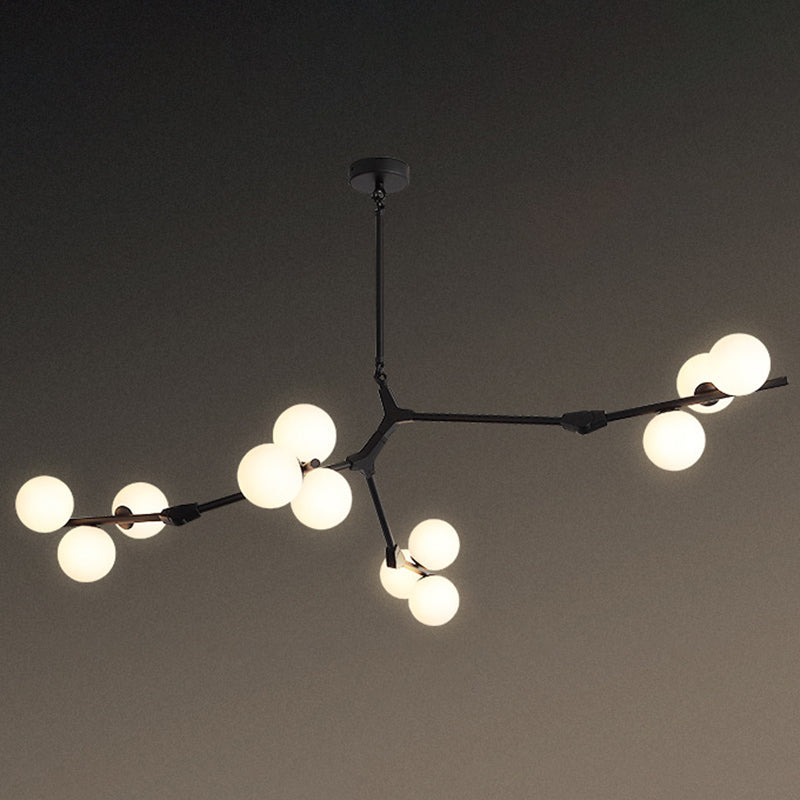 Tree Branch Suspension Light Minimalistic Metal Dining Room Chandelier with Ball White Glass Shade