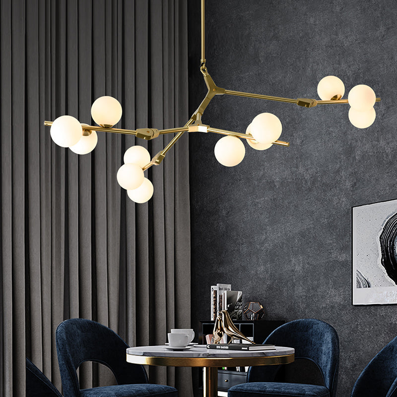 Tree Branch Suspension Light Minimalistic Metal Dining Room Chandelier with Ball White Glass Shade