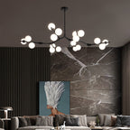 Tree Branch Suspension Light Minimalistic Metal Dining Room Chandelier with Ball White Glass Shade