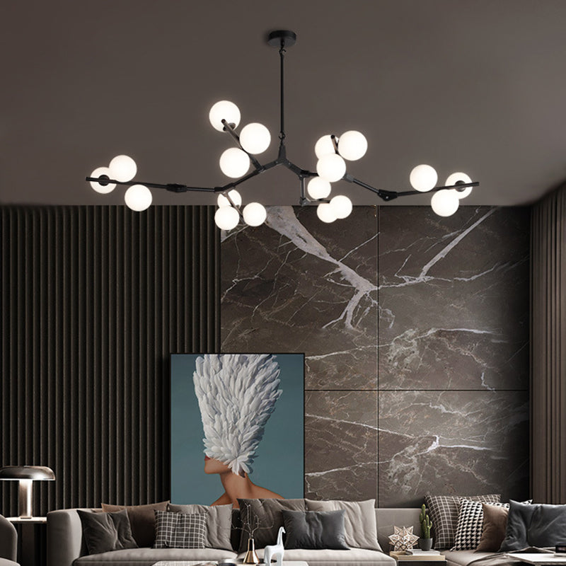 Tree Branch Suspension Light Minimalistic Metal Dining Room Chandelier with Ball White Glass Shade