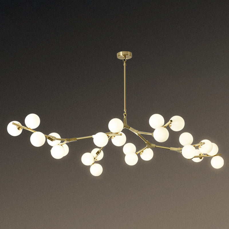 Tree Branch Suspension Light Minimalistic Metal Dining Room Chandelier with Ball White Glass Shade