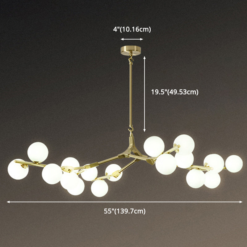 Tree Branch Suspension Light Minimalistic Metal Dining Room Chandelier with Ball White Glass Shade