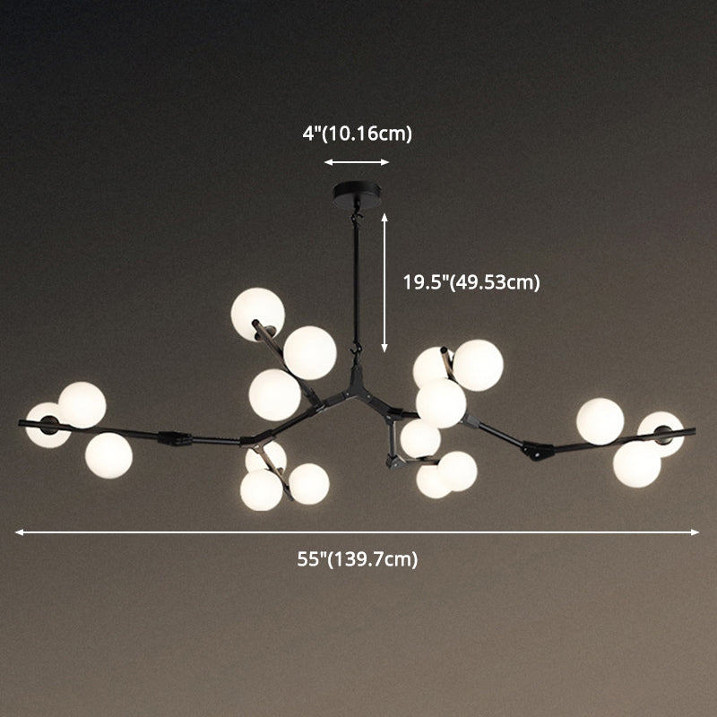 Tree Branch Suspension Light Minimalistic Metal Dining Room Chandelier with Ball White Glass Shade