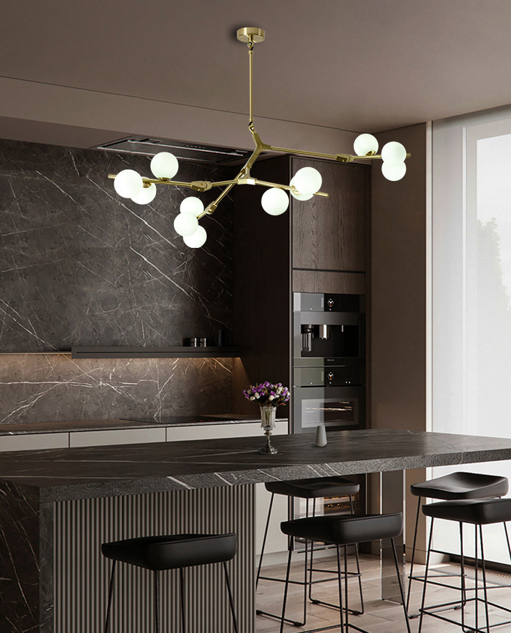 Tree Branch Suspension Light Minimalistic Metal Dining Room Chandelier with Ball White Glass Shade