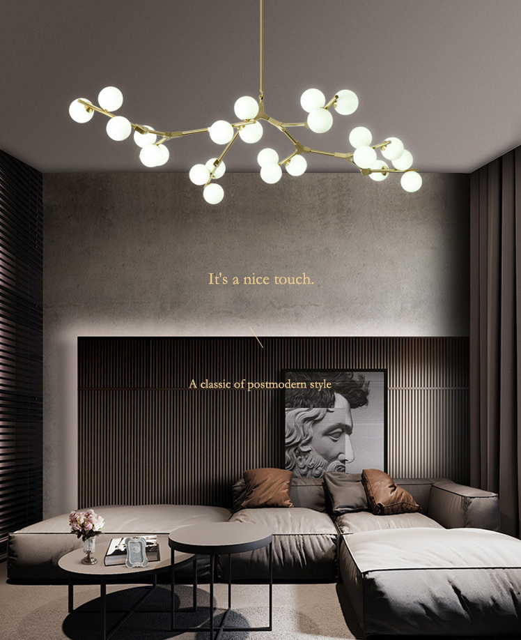 Tree Branch Suspension Light Minimalistic Metal Dining Room Chandelier with Ball White Glass Shade