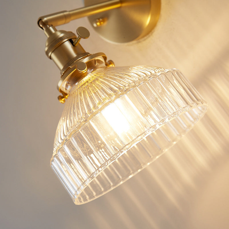 Industrial Wall Lamp Pressed Ribbed Glass Wall Light Sconce in Gold Finish for Bedroom