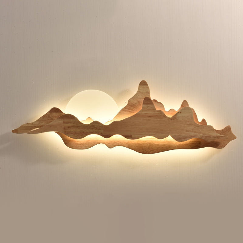 Chinese Style Wooden Wall Lighting Ideas Mountain and Moon Shape Sconce Light Fixture for Living Room