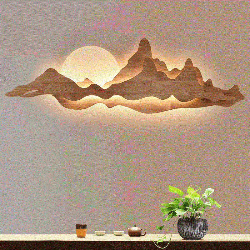 Chinese Style Wooden Wall Lighting Ideas Mountain and Moon Shape Sconce Light Fixture for Living Room