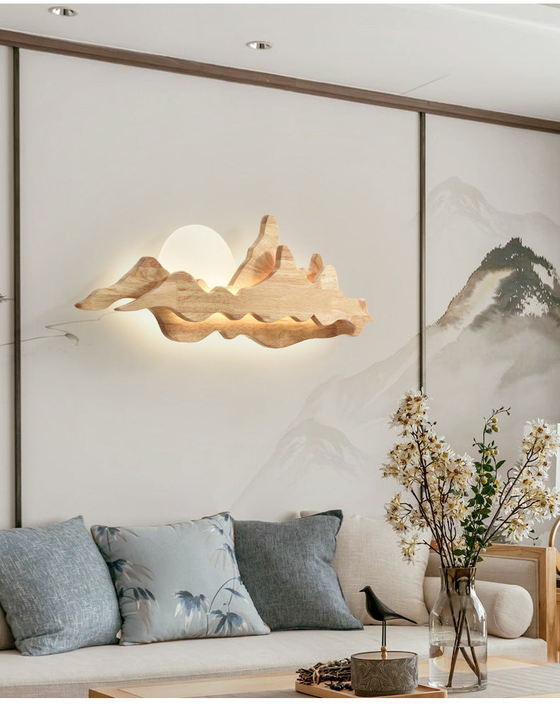 Chinese Style Wooden Wall Lighting Ideas Mountain and Moon Shape Sconce Light Fixture for Living Room