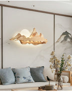 Chinese Style Wooden Wall Lighting Ideas Mountain and Moon Shape Sconce Light Fixture for Living Room